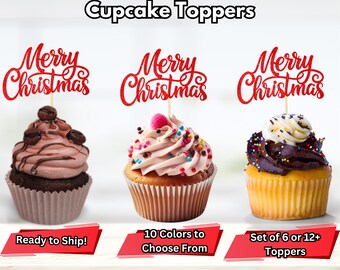 May include: Three cupcakes decorated with red glitter "Merry Christmas" cupcake toppers. The cupcakes are frosted in pink, white and chocolate. The toppers are available in 10 colors and come in sets of 6 or 12.