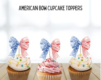 American 4th of July Bow Cupcake Toppers, american independence day, flag, usa,  party theme, red, white, blue toppers, fireworks, bows