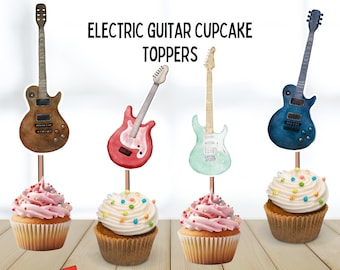 May include: Electric guitar cupcake toppers in four designs. Each cupcake has a guitar topper and is decorated with pink or white frosting and colorful sprinkles. The text reads "Electric Guitar Cupcake Toppers", "4 Designs", and "12 Toppers".