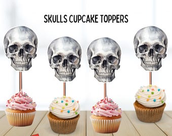 Ozdoby na babeczki z motywem frenologii, straszne przyjęcie urodzinowe, baby shower, ozdoby na Halloween, urodziny dla dzieci, przyjęcie z głową szkieletu, upiorne ozdoby z czaszkami