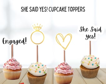Engagement Cupcake Toppers, he asked, she said yes, wedding, engagement ring, bridal, theme, party, shower, groom, bride decor 12 count
