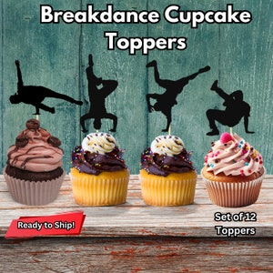 Könnte beinhalten: Set mit 12 Cupcake-Toppern aus schwarzer Silhouette, die Breakdancer in verschiedenen Posen zeigen. Die Topper sind versandfertig und perfekt für eine Breakdance-Party.