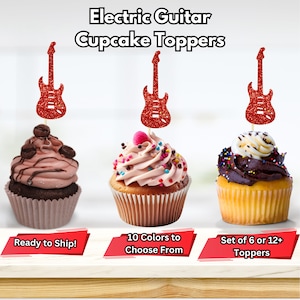 Topper per cupcake con chitarra elettrica, decorazioni per compleanno a tema musicale, decorazioni per feste musicali, decorazioni per cupcake da rock star, decorazioni per feste rock and roll