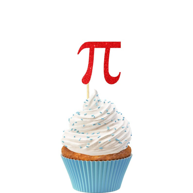 May include: A white cupcake with blue sprinkles topped with a red glitter pi symbol cupcake topper.