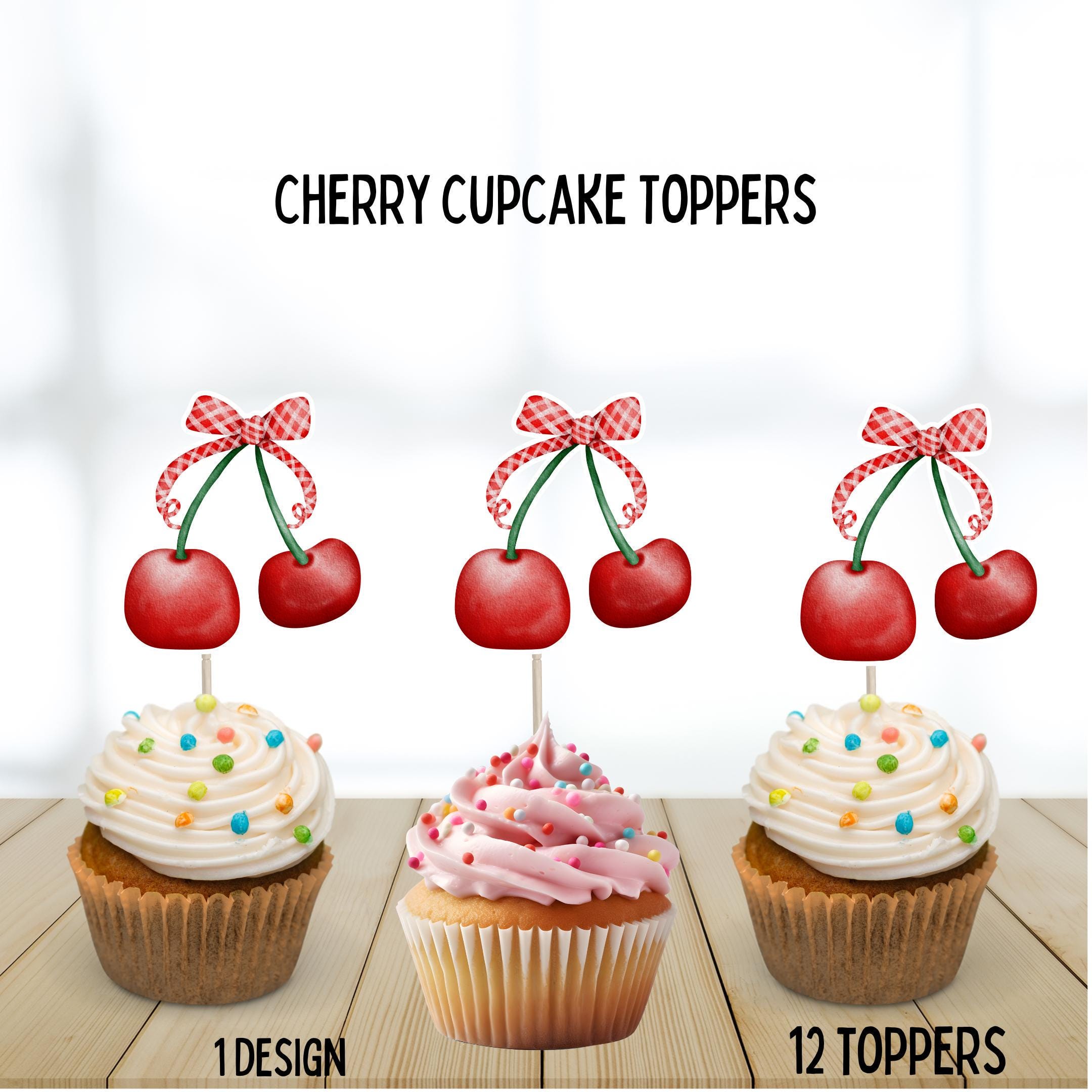 Cherry Gingham Cupcake Toppers, Pink Bows, Cherry Toppers, Kids ...
