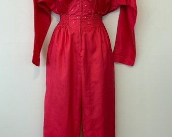 Tuta intera vintage a maniche lunghe da donna Joan Walters, rosa acceso con strass, taglia 6.