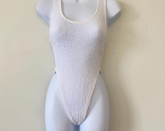 Vintage Carushka Body Wear White Open Knit Crochet High Thigh Leotard Small