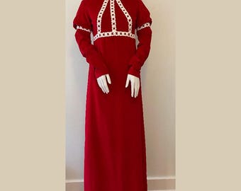 Vestido largo vintage de terciopelo rojo de manga larga de los años 70, talla XS/S, cuello alto