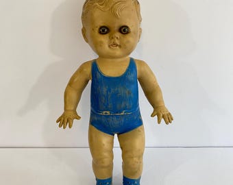 10 Inch Sun Rubber Co 1956 Boy Girl Doll in Red, Vintage Non