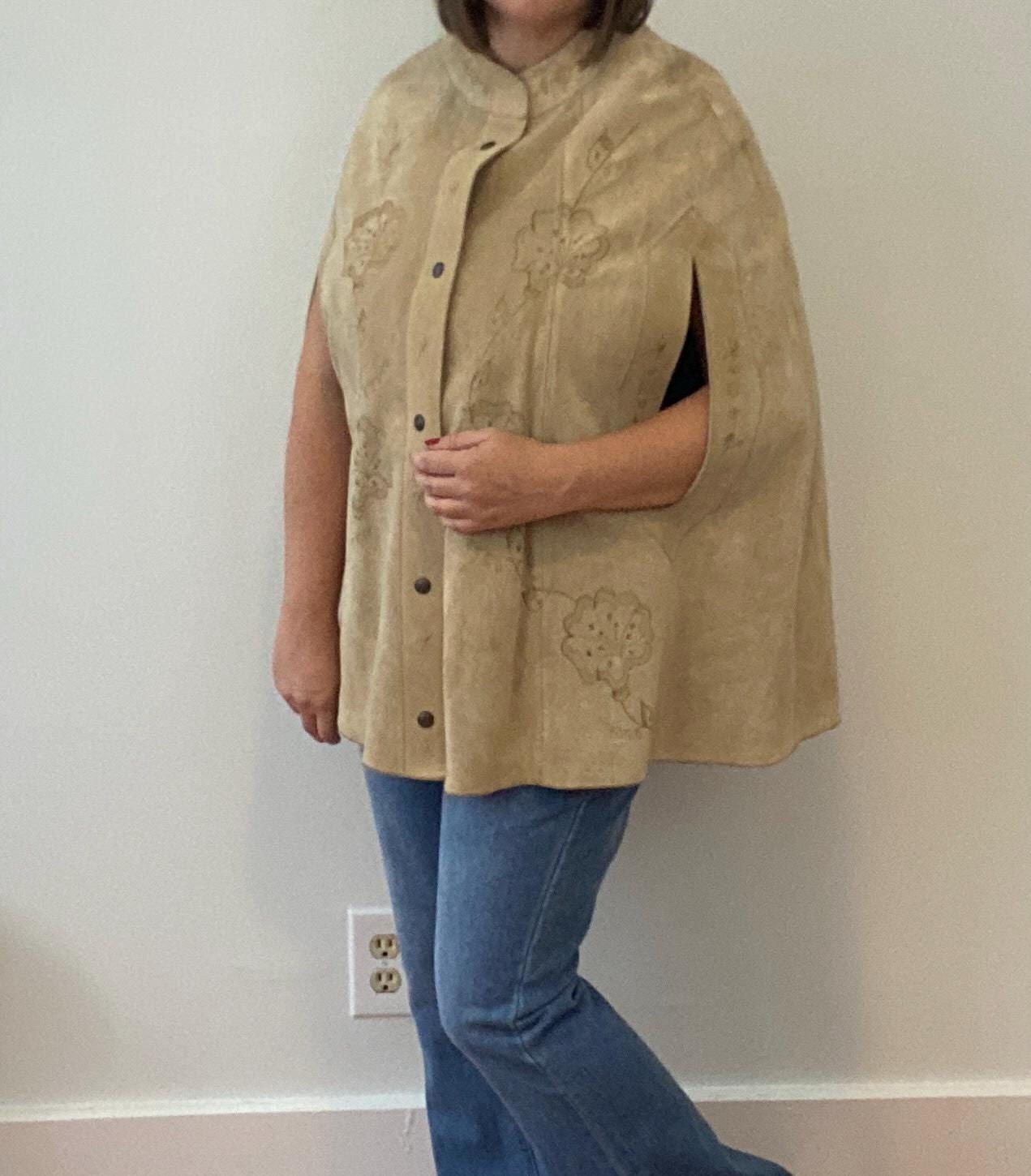 Vintage Tan Suede Leather Poncho Cape Snap Front Embossed