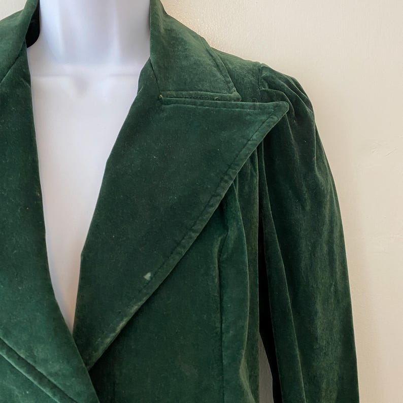 Puede incluir: Una chaqueta de terciopelo verde oscuro con cuello puntiagudo y mangas largas.