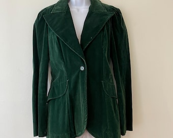 Giacca blazer con bottone singolo in velluto verde anni '70, taglia piccola da donna