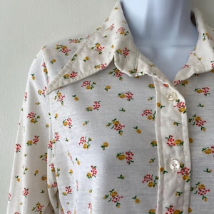 Vintage Shirt Accent Womens Long Sleeve Button Shirt 70s White Floral Size 38