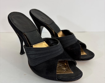 Vintage Black Stiletto Mule Peep Toe Heels Womens Size 4