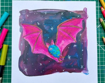 Bettie bat bright quirky cute art print for Halloween signed and numbered