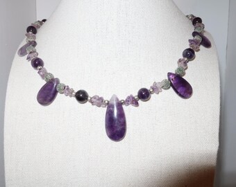 Amethyst natural beads and chips, statement necklace, finishing piece for a jewel neckline, cowl neck, collared blouse and more. 21in.