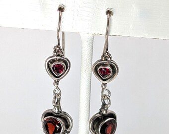 925 Silver and garnet double hearts earrings