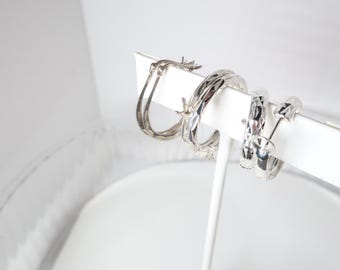 925 silver etched earrings sold separately A. 14/16 inch diameter B. SOLD       C. Elongated and flat, 3/4 in wide and  1 1/4 in drop.