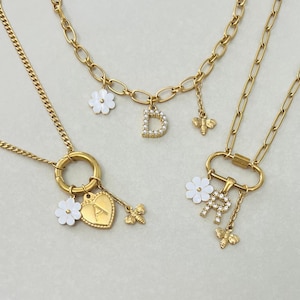 Heart Initial Necklace, Gold Letter, Daisy, Bee Charm