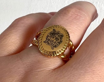Engraved Medusa ring, 18K pvd gold waterproof ring, feminist jewelry, custom protection ring, high polished mirror ring.