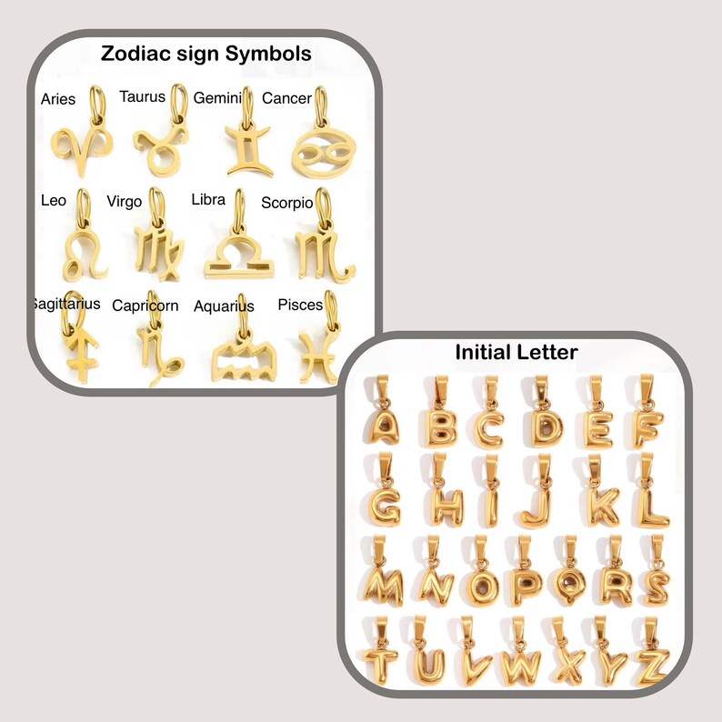 May include: Gold-colored metal charms featuring the zodiac signs and the alphabet. The charms are arranged in two rows, with the zodiac signs on the top row and the alphabet on the bottom row.