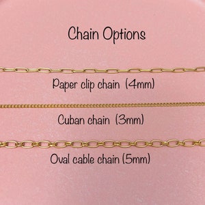 May include: Three gold chains on a pink background. The chains are labeled "Paper clip chain (4mm)", "Cuban chain (3mm)", and "Oval cable chain (5mm)".