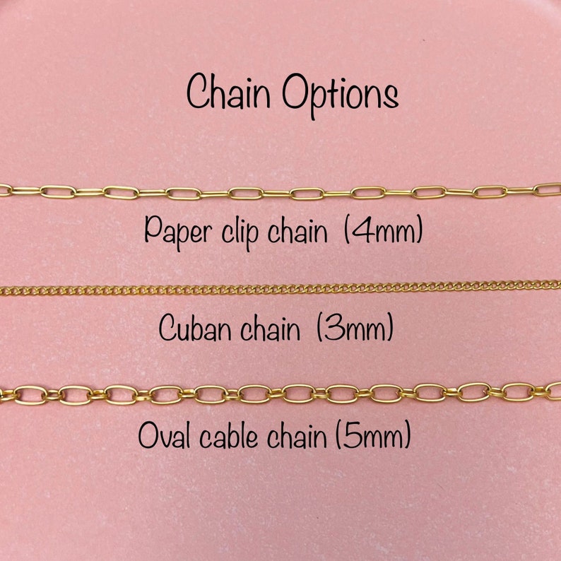 May include: Three gold chains on a pink background. The chains are labeled "Paper clip chain (4mm)", "Cuban chain (3mm)", and "Oval cable chain (5mm)".