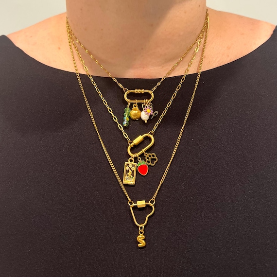 Carabiner necklace, custom charm necklace,  18K pvd gold Waterproof necklace, mini dainty Charm holder necklace, personalized necklace