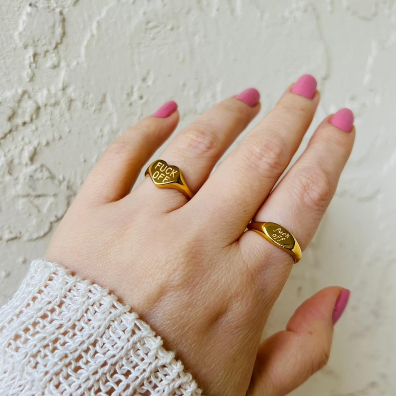 Fuck off ring, 18K pvd gold gold signet ring, fuck ring, waterproof ring, fuck you ring, beutiful non tarnish ring. image 2