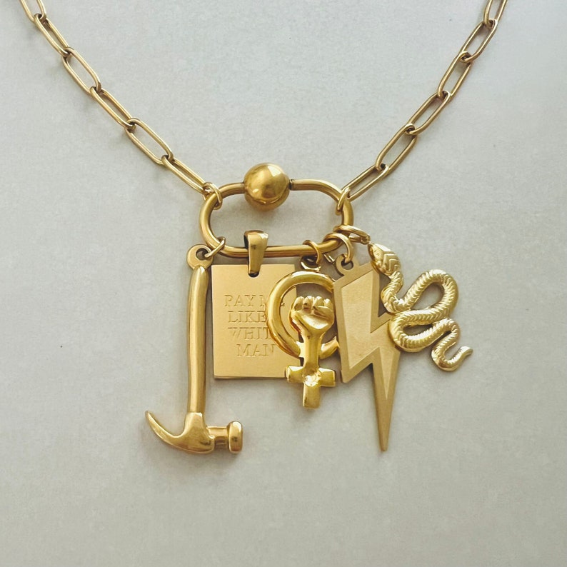 Feminist jewelry, 18K gold pvd waterproof necklace, feminist necklace, carabiner necklace, non tarnish necklace, girl power necklace. image 10