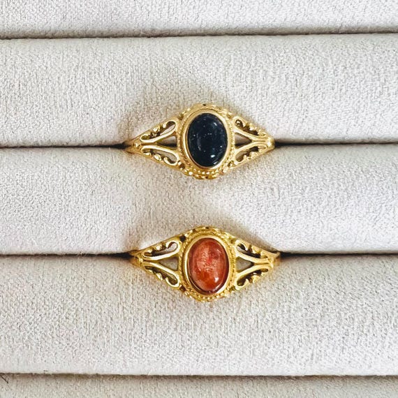 Blue sandstone ring,  Sunstone ring, 18K pvd gold filled waterproof ring, natural stones.