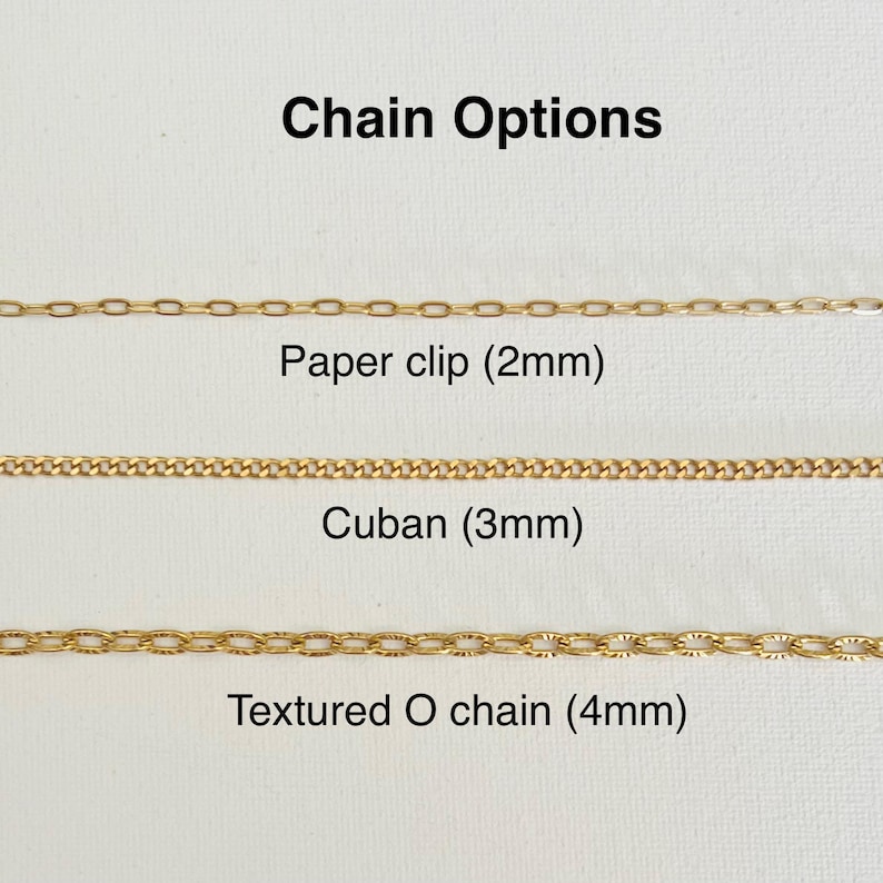 May include: Three gold chains of different styles and thicknesses. The chains are labeled "Paper clip (2mm)", "Cuban (3mm)", and "Textured O chain (4mm)".