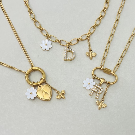 Heart Initial Necklace, Gold Letter, Daisy, Bee Charm