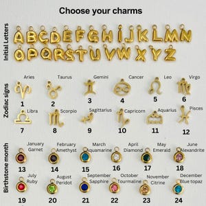 May include: Gold charms for jewelry making, featuring letters of the alphabet, zodiac signs, and birthstones. The charms are arranged in rows, with each row representing a different category. The charms are all gold-colored and have a shiny finish.