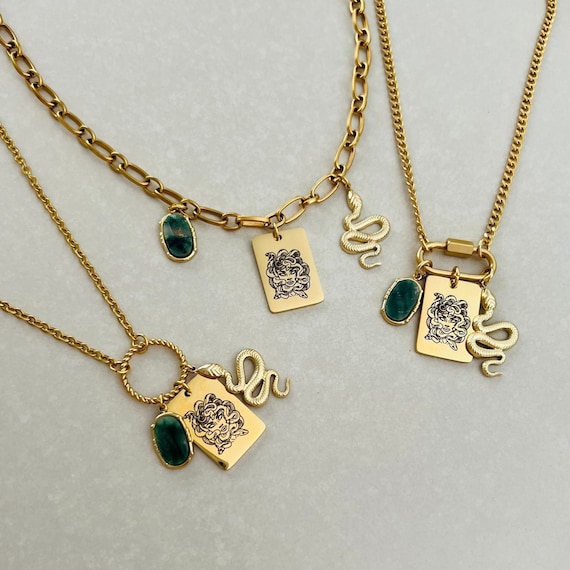Medusa necklace, carabiner necklace, non tarnish waterproof necklace, Greek mythology necklace, snake necklace with natural green stone.
