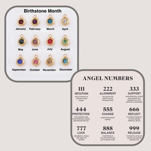 May include: A chart with the birthstone months and their corresponding gemstones. The chart also includes a list of angel numbers and their meanings. The angel numbers are 111, 222, 333, 444, 555, 666, 777, 888, and 999.