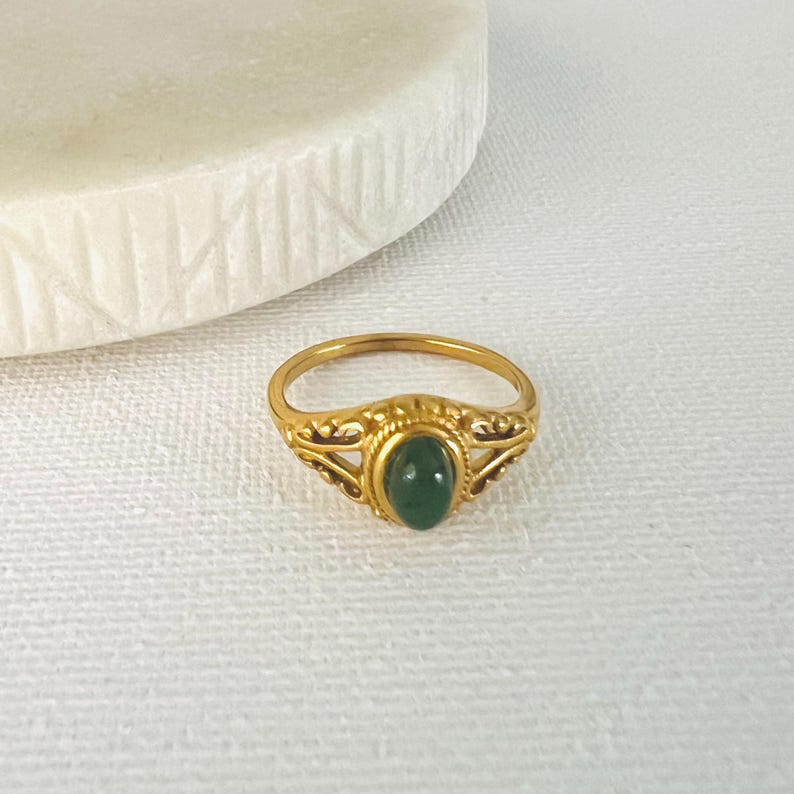 Green jade ring, waterproof ring, natural stone 18K pvd gold filled ring,non tarnish ring. image 4
