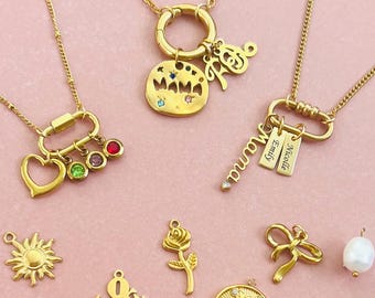Mama necklace, birth stone necklace, 18k PVD gold filled necklace, waterproof carabiner necklace, Personalized gift for mom.