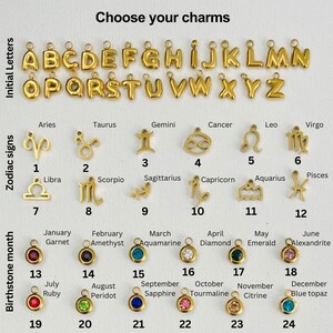 May include: Gold charms for jewelry making, featuring letters of the alphabet, zodiac signs, and birthstones. The charms are arranged in rows, with each row representing a different category. The charms are all gold-colored and have a shiny finish.