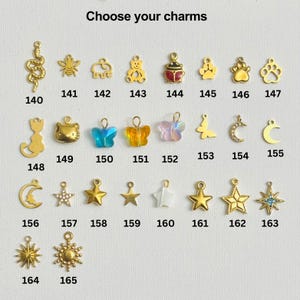 May include: A selection of gold-toned charms with various designs, including a snake, bee, elephant, bear, ladybug, paw print, cat, butterfly, crescent moon, star, and sun. Each charm is numbered from 140 to 165.