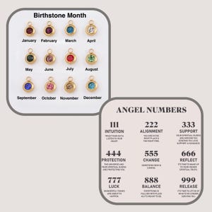 Peut inclure: Un tableau montrant les mois de naissance et leurs pierres pr&eacute;cieuses correspondantes. Le tableau comprend &eacute;galement une liste de num&eacute;ros d'anges et de leurs significations. Les num&eacute;ros d'anges sont 111, 222, 333, 444, 555, 666, 777, 888 et 999.