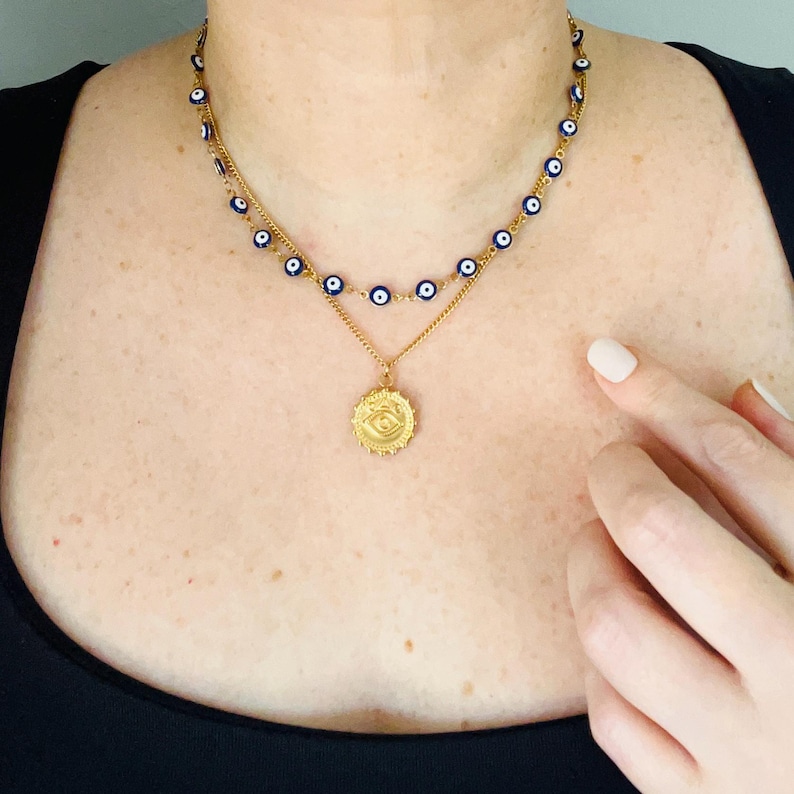 Gold evil eye necklace, waterproof necklace, inspired Greek necklace, non tarnish necklace, beautiful protection necklace. image 12