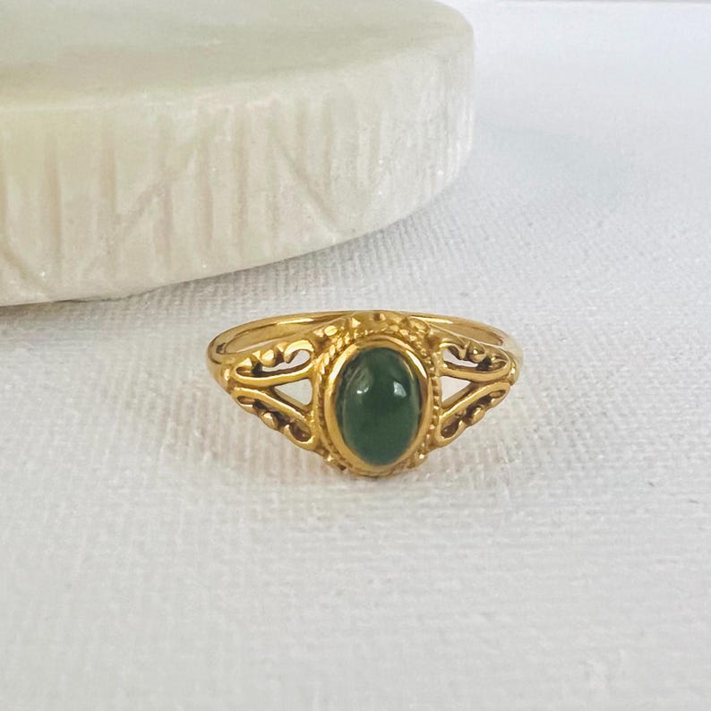 Green jade ring, waterproof ring, natural stone 18K pvd gold filled ring,non tarnish ring. image 7