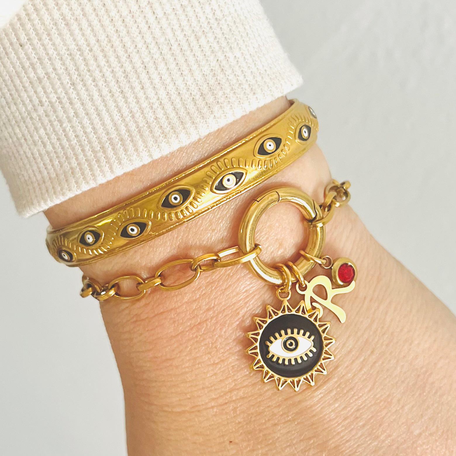 Manchette mauvais œil, bracelet mauvais œil en or pvd 18 carats, bracelet de protection meilleur ami, bracelet sans ternissement, beau bracelet personnalisé.