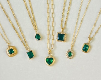 Emerald necklace gold, waterproof necklace, 18K pvd gold filled necklace, non tarnish necklace, May birthstone necklace, beautiful gift.