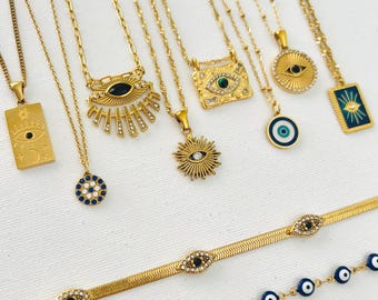 Gold evil eye necklace, waterproof necklace, inspired  Greek necklace, non tarnish necklace, beautiful protection necklace.
