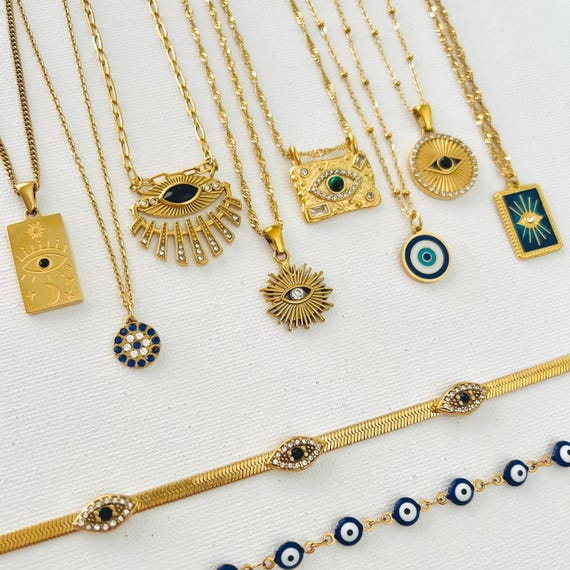 Gold evil eye necklace, waterproof necklace, inspired  Greek necklace, non tarnish necklace, beautiful protection necklace.