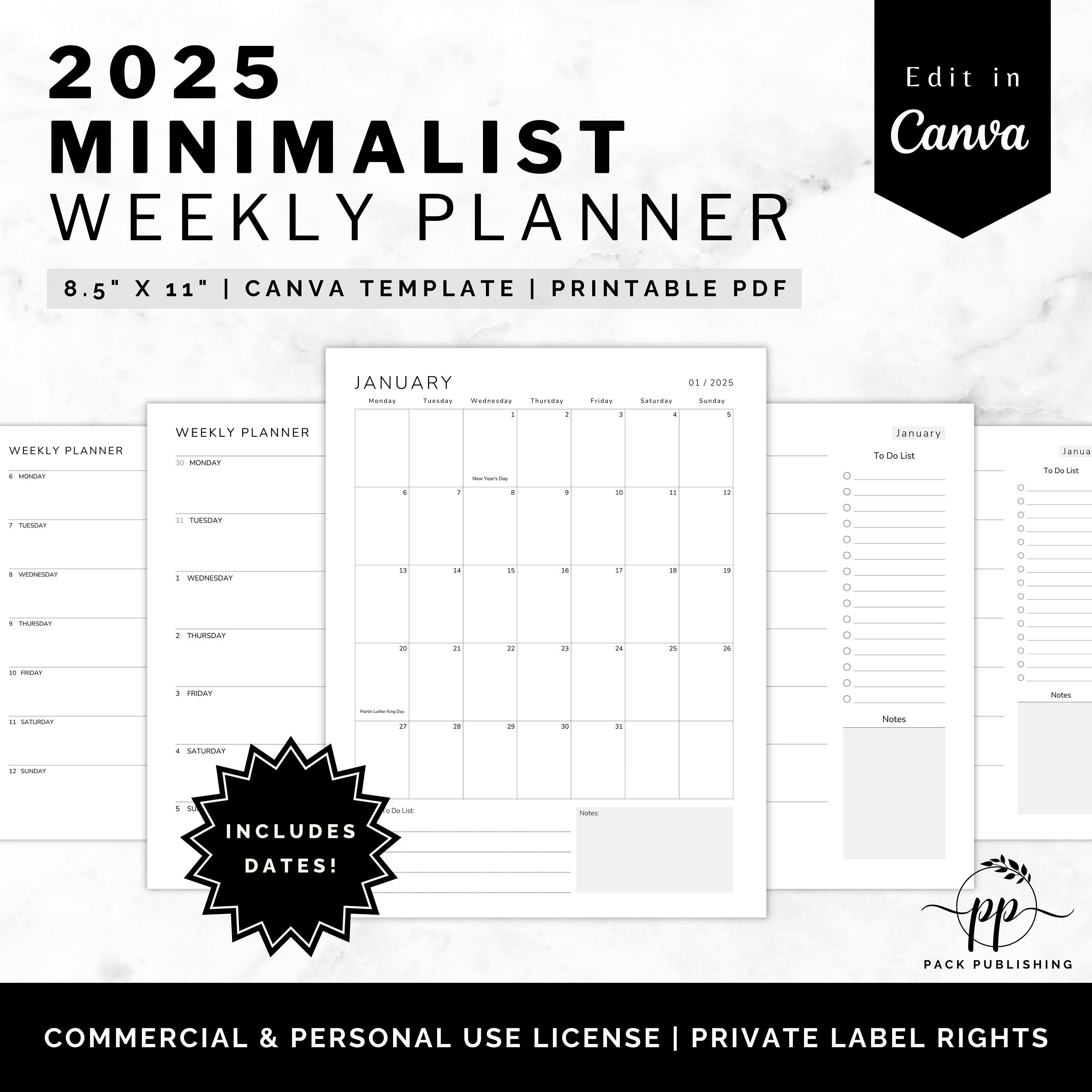 Editable 2025 Weekly Daily Monthly Planner Calendar Canva Printable Digital Template, PLR Resell