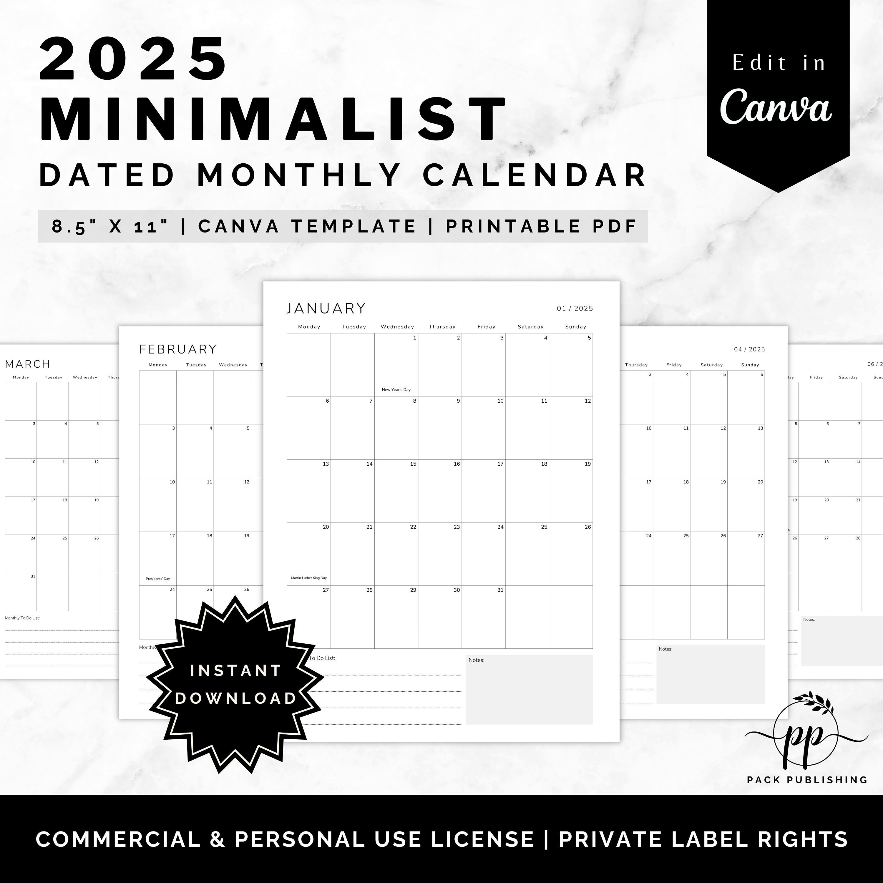 Editable 2025 Monthly Planner Calendar Canva Printable Digital Template