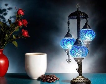 Handcrafted Turkish Mosaic Table Lamp with 3 Blue Glass Globes,Bohemian Table Lights,Moroccan Lighting for Living Room Lights.